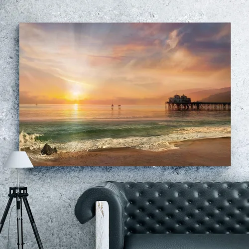 Vista 3 de Renditions Gallery - Impresiones de arte natural en lienzo, puesta de sol vespertina en playa de arena tranquila, obra de arte para colgar