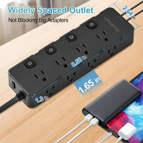Vista 7 de Regleta de protección contra sobretensiones de 10 pies - 8 tomas de CA ampliamente espaciadas, 4 puertos USB (2 USB C), cable de extensión