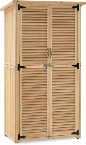 Vista 10 de MCombo Gabinete de Almacenamiento Exterior, Cobertizo de Almacenamiento de Madera con Pestillo, Cobertizo de Herramientas de Jardín Exterior con 2