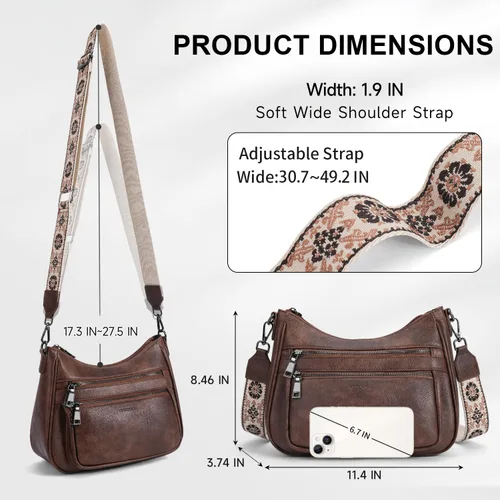 Vista 5 de Bolsos cruzados para mujer, bolso de cuero moderno con múltiples bolsillos y correa de guitarra ajustable