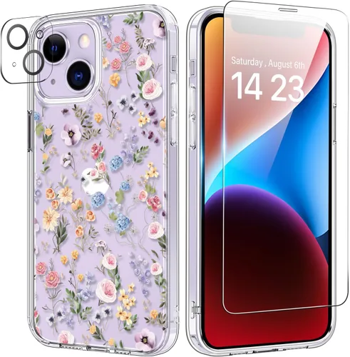 Vista 35 de bicol Funda para iPhone 14 Plus con Protector de Pantalla y Lente de Cámara - Diseños Florales de Moda para Mujeres y Niñas - Funda Transparente