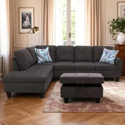 Vista 17 de Sofás en forma de L para sala de estar, muebles de sofá seccional para sala de estar con otomana de almacenamiento, sofá seccional modular con Beige