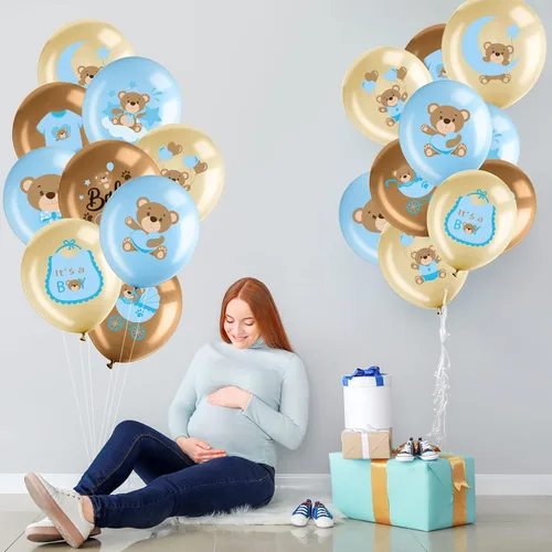 Vista 5 de 36 globos de oso para bebé, globos de látex de oso azul, marrón, globos de bebé, globos con la que podemos esperar para fiestas de cumpleaños