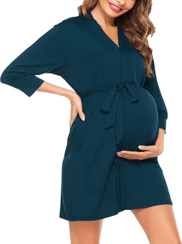 Vista 11 de SWOMOG Women's Maternity Nursing Robe Pregnancy Breastfeeding Bathrobes 3 in 1 Labor Delivery Nightgown Negro (Long Sleeve-Black)