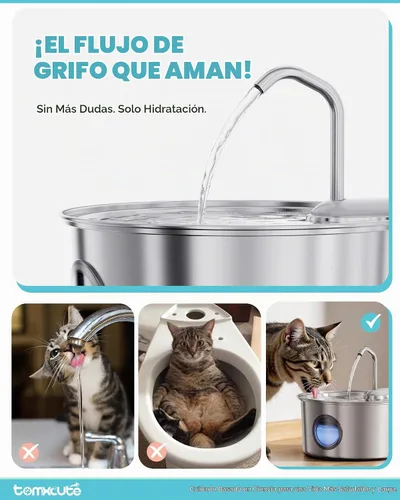 Vista 6 de Tomxcute Fuente de agua para gatos de acero inoxidable, 3.2L/108oz, bomba Plateado