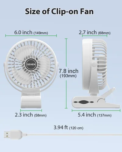 Vista 7 de GEHEN Ventilador pequeño de clip, ventilador de 3 velocidades con fuerte flujo de aire, ventilador de clip y escritorio alimentado por USB