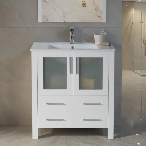 Vista 16 de Blossom Tocador de baño de madera maciza espresso de 16 pulgadas con fregadero, pequeño gabinete independiente con fregadero de cerámica y puerta