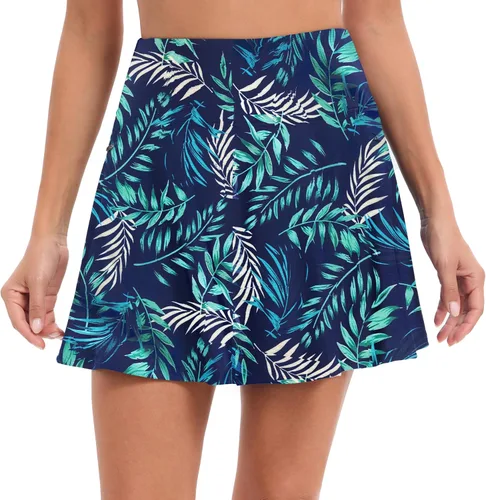 Vista 3 de Oyamiki Trajes de baño de cintura alta para mujer, con control de abdomen, falda pantalón con bolsillo con cremallera y falda de natación