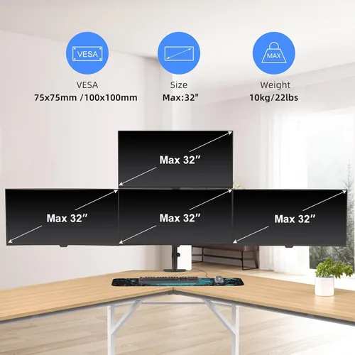 Vista 6 de Pholiten - Soporte de escritorio con brazo para monitor cuádruple para pantallas de máximo 32
