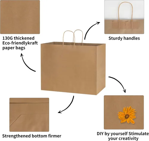 Vista 3 de bagmad Paquete de 50 bolsas grandes de papel kraft de 16 x 6 x 12 pulgadas, color marrón natural liso con asas, a granel para compras, bodas