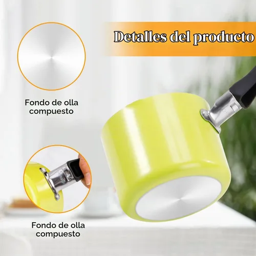 Vista 3 de Mini cacerola, calentador de mantequilla antiadherente verde de 0.5 cuartos de galón con asa, 2 boquillas de vertido, olla de leche múltiple olla
