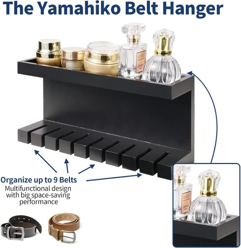 Vista 3 de Yamahiko Organizador de cinturón, colgador de pared con doble estantería, estante universal para hombres y mujeres, color negro