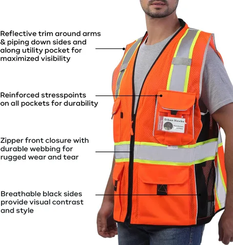 Vista 4 de Neopelta Chaleco de seguridad reflectante de malla naranja, fabricado con cinta reflectante 3M, chaleco resistente con bolsillo para identificación