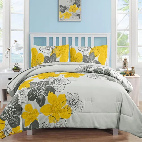 Vista 14 de Luxudecor Juego de edredón floral tamaño individual, 6 piezas de cama en una bolsa, edredón floral azul y juego de sábanas, juego de ropa de cama
