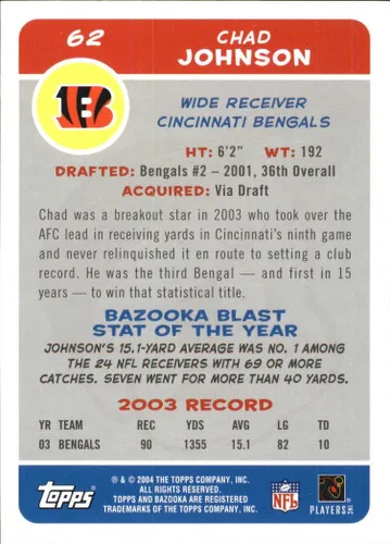 Vista 2 de 2004 Bazooka #62 Chad Johnson NFL Football Trading Card