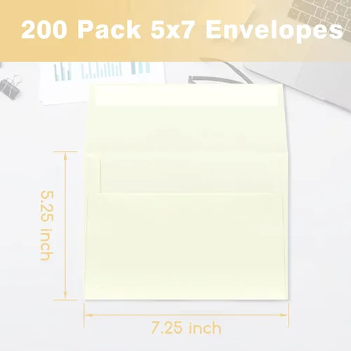 Vista 2 de Paquete de 200 sobres de invitación 5x7 con pelar y sellar para tarjetas, sobres A7 imprimibles a granel, sobres beige para boda, tarjetas