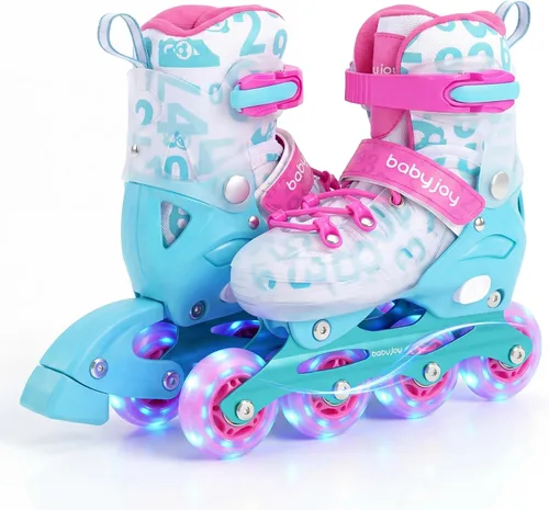 Vista 14 de BABY JOY Patines en línea, 4 tamaños ajustables para niños con ruedas iluminadas para niños de 5 a 14 años, divertidos patines iluminadores
