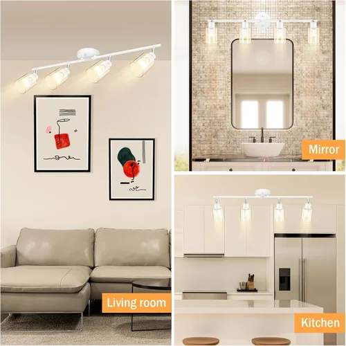 Vista 11 de BoostArea Lámparas de baño de 4 luces, modernas luces blancas de pared con pantalla de vidrio transparente, luz de techo flexible para espejo