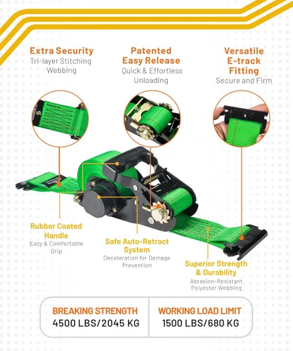 Vista 2 de Strapinno E-Track Correas Retráctiles de Amarre de Trinquete - 2 pulgadas x 15 pies Correa de Trinquete de Servicio Pesado con resistencia a