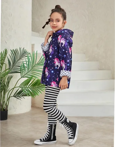 Vista 3 de QPANCY Chamarras de lluvia para niñas, ligeras, impermeables, con capucha, de longitud media, rompevientos para niños