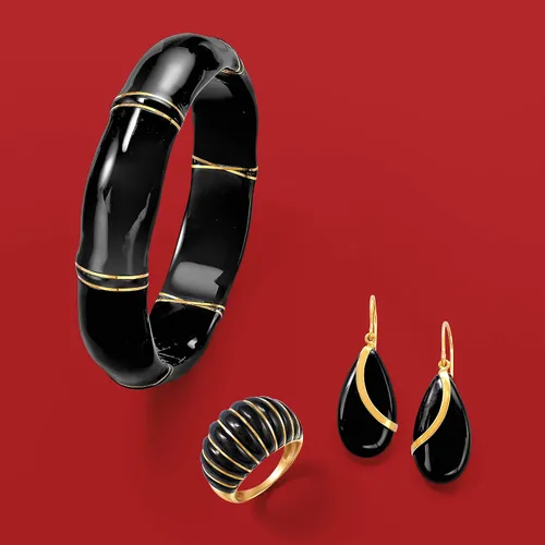 Vista 6 de Ross-Simons Aretes colgantes de ónix negro en forma de pera en oro amarillo de 14 quilates