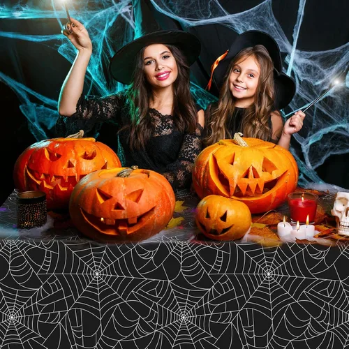Vista 6 de Peryiter Mantel rectangular de plástico para Halloween, tela de araña, 54 x 108 pulgadas, impermeable, desechable, tela de araña para decoración