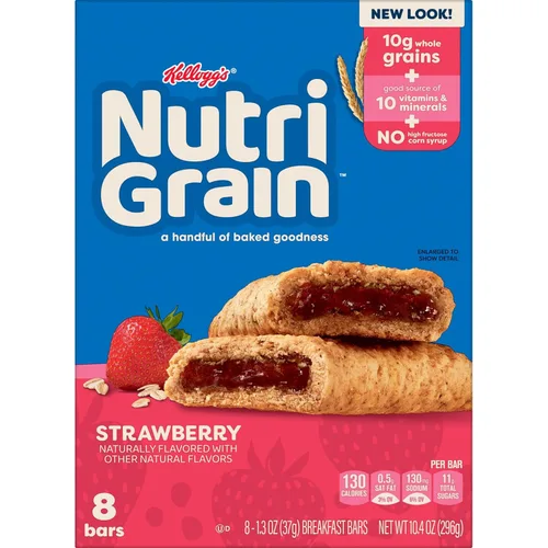 Vista 11 de Barras de desayuno Nutri-Grain, hechas con granos enteros de 0.35 oz, barras de aperitivos, fresa, caja de 10.4 onzas (8 unidades)