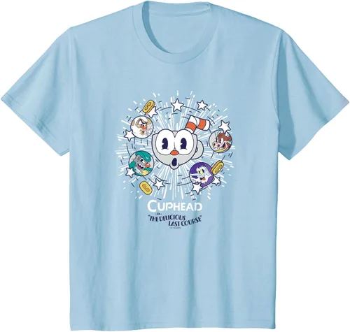 Vista 10 de Cuphead: Camiseta The Delicious Last Course Cuphead Character Group, Azul Azul Pastel