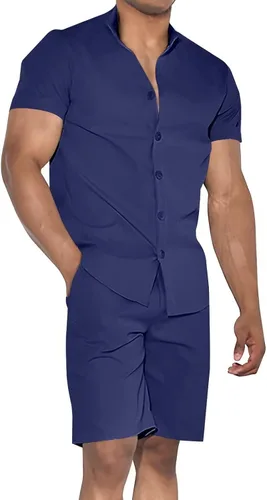 Vista 2 de Uni Clau Conjunto corto de 2 piezas para hombre, conjunto de camisa con botones y pantalones cortos, conjunto de chándal de playa
