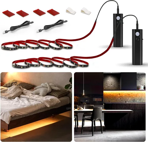 Vista 15 de WOBANE Tira de luz recargable con sensor de movimiento, luces LED para armario, escalera, despensa, armario, cama, casillero, 2700 K, blanco cálido