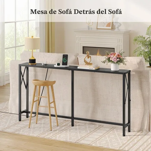 Vista 6 de Gewudraw - Mesa de sofá estrecha de 55.1", mesa consola con tomas de corriente y puertos USB, mesa de entrada, mesa de sofá industrial para pasillo