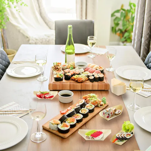 Vista 4 de Newtay 500 platos de bambú para aperitivo de 5.5 pulgadas, desechables, de madera, charcutería, hoja de barco, bandeja pequeña para servir sushi