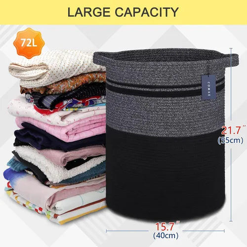 Vista 3 de COMSE Cesta de manta extragrande, canasta alta para ropa sucia, cesta de guardería, 15.7 x 21.7 pulgadas, cesta de ropa tejida con cuerda de algodón