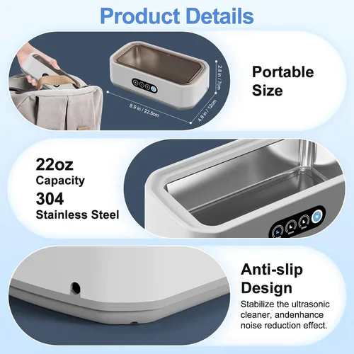 Vista 7 de Limpiador ultrasónico para joyas,49KHz Limpiador ultrasónico para joyas, gafas, anillos, bandas de reloj, 3 modos con temporizador digital, 22 oz