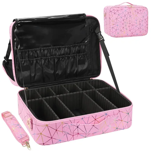Vista 11 de MONSTINA Estuche de maquillaje grande, bolsa de maquillaje de 3 capas, organizador de cosméticos, bolsa de tren de peluquería, caja de artista