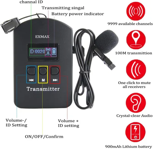 Vista 6 de EXMAX® EXD-6824 2.4G Guía turística manos libres Sistema de transmisión de voz inalámbrico 9999 ID de canal ideal para traducción de iglesias