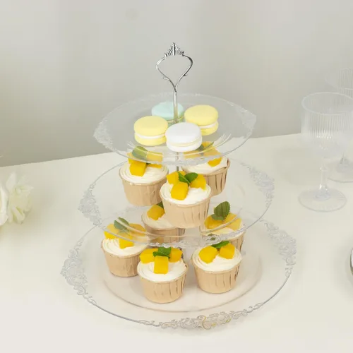 Vista 7 de Efavormart - Soporte de plástico transparente para cupcakes de 3 niveles con borde barroco dorado en relieve, soporte redondo de postres