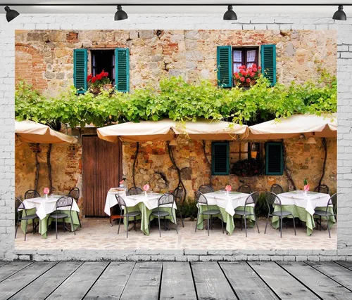 Vista 2 de Telón de fondo de tela de 5 x 3 pies para fotografía de boda, telón de fondo de piedra de la Toscana, telón de fondo para restaurante y mesas