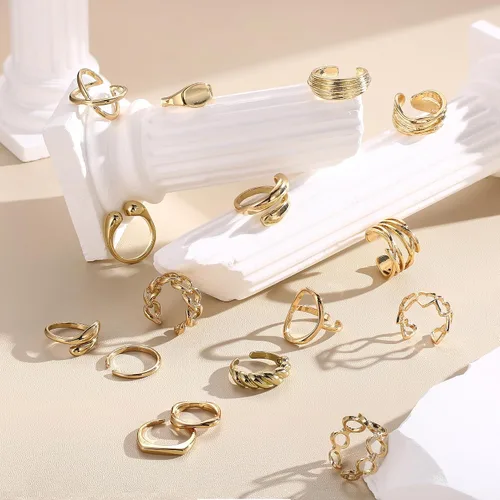 Vista 7 de HAIAISO Juego de 16 anillos gruesos chapados en oro de 18 quilates para mujer, chapados en oro de 18 quilates, trenzados, redondos, ajustables
