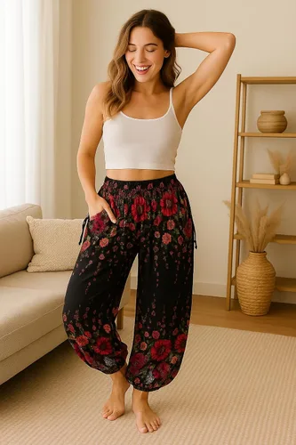 Vista 3 de Lannaclothesdesign Pantalones de harén para mujer, cintura alta, pantalones de yoga bohemios con bolsillos, ropa hippie bohemia