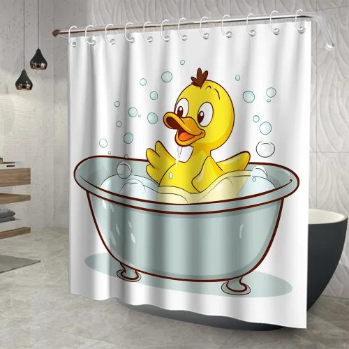 Vista 3 de Divertida cortina de ducha de tela con diseño de pato chirriante amarillo, juego de cortina de ducha para niños, con 12 ganchos, 72 x 72 pulgadas