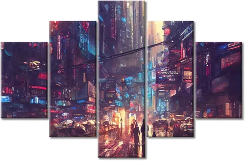 Vista 42 de Cuadros de 5 paneles de Cyberpunk City, arte de pared, representación de vallas publicitarias, edificios modernos en la capital con obras de arte