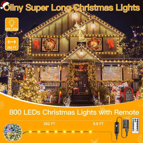 Vista 2 de Ollny Luces de Navidad de 262 pies, 800 LED IP67, impermeables, luces de Navidad que cambian de color para exteriores con control remoto, 11 modos