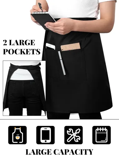 Vista 2 de Twistover Paquete de 5 delantales de medio bistro con 2 bolsillos, delantal unisex negro con lazos frontales extra largos en la cintura para hombres