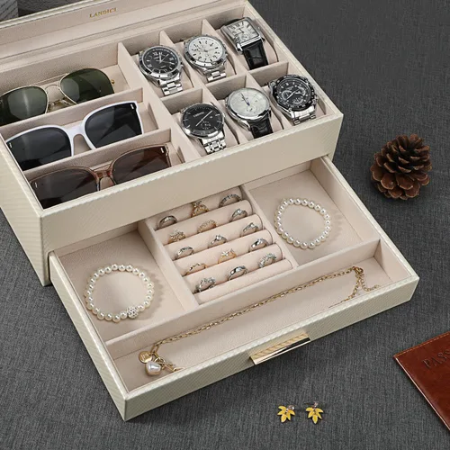 Vista 2 de LANDICI Caja de reloj para hombres y mujeres, 2 capas de piel sintética, organizador de relojes, caja de almacenamiento grande, caja de joyería