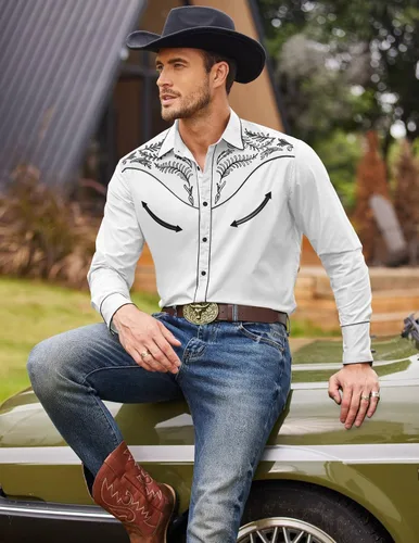 Vista 2 de COOFANDY - Camisa vaquera occidental para hombre de algodón, casual, de manga larga, con botones