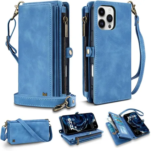 Vista 43 de Funda tipo cartera para iPhone 16 Pro Max con 8 tarjeteros, bloqueo RFID, piel sintética, función atril, abatible, correa de muñeca y correa