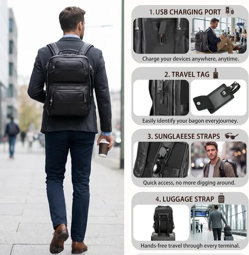 Vista 4 de LANNSYNE Mochila de cuero de grano completo para hombres, mochila para laptop de 16 pulgadas con puerto de carga USB, mochila de viaje de negocios