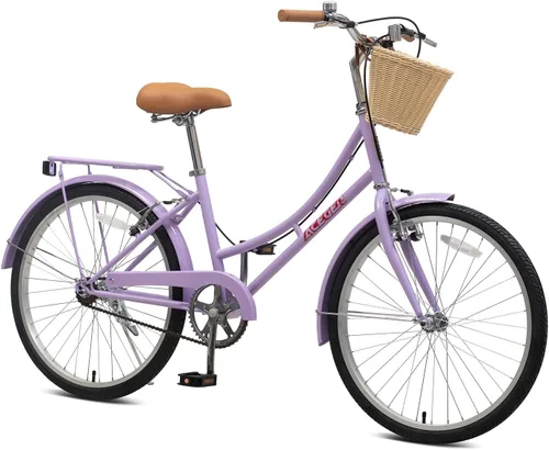 Vista 15 de ACEGER Girls Bike with Rattan Basket for 10+ Years, 24" 26" 1 & 7 Speed Comfort Commute Bicycle, Included Dual Brakes & Seat Rack, Adjustable
