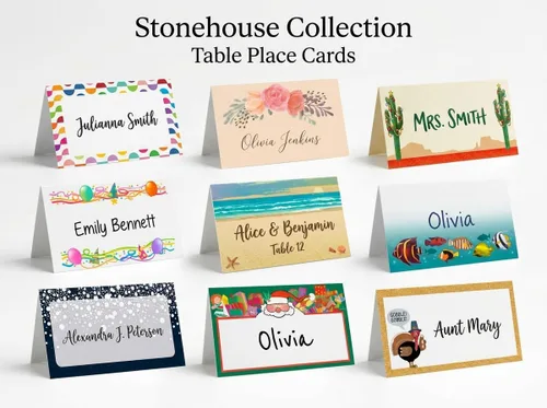 Vista 6 de Tarjetas de lugar con nombre de playa, 25 tarjetas de identificación para asientos de invitados, tiendas de campaña de playa y mesa tropical